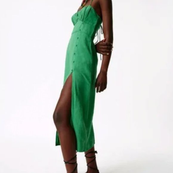 Zara Green Lined Button Midi Dress - Size L - Picture 4 of 4